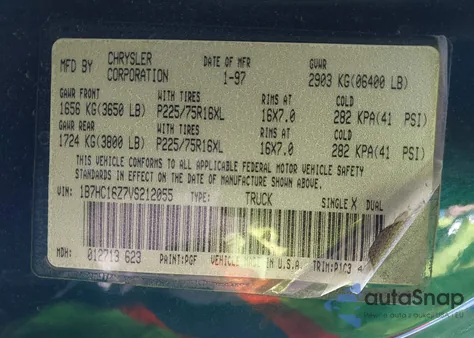 1997 Dodge Ram 1500 Lt z USA, uszkodzony, nr VIN 1B7HC16Z7VS212055